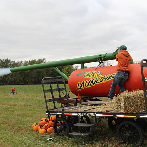 Watch pumpkins smash as we launch them out of our Pumpkin Cannon.